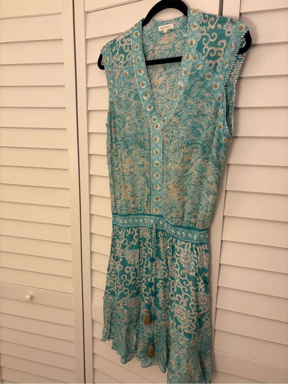 Poupette St Barth Sleeveless Teal Patterned V-Neck Dress with Embellished Trim